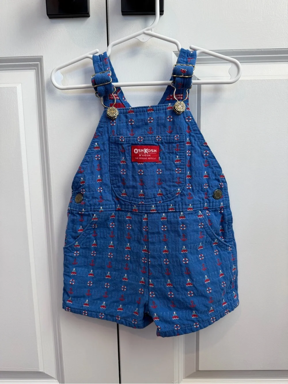 Vintage OshKosh B’Gosh Vestbak Blue Nautical Print Shortall Overalls Size 24 Mo